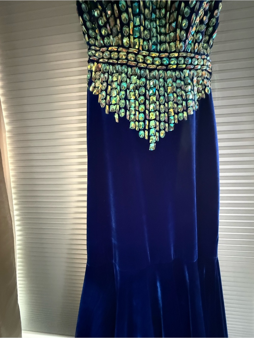 Royal Blue Beaded Prom Gown with Iridescent Embellishments